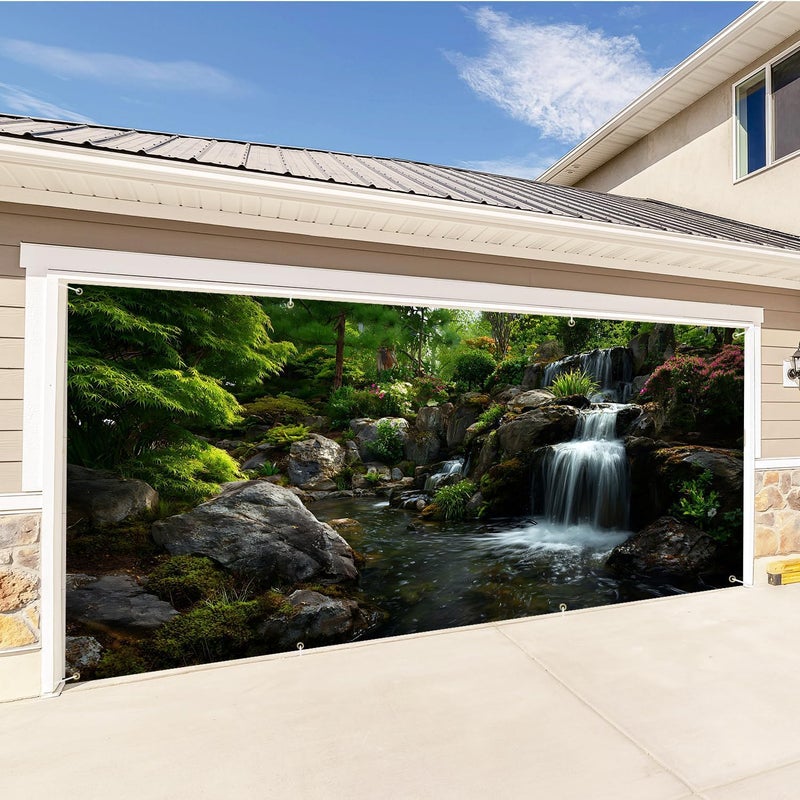 THISFIND Nature Waterfall Garage Door Banner – Tranquil Scenic Outdoor Mural with Rocks, Garden & Lush Greenery – Home Exterior Decoration - Image 3